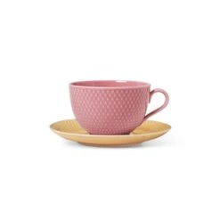 Lyngby Porcelæn Rhombe Tekop Med Underkop, Rosa/Gul, 39 Cl